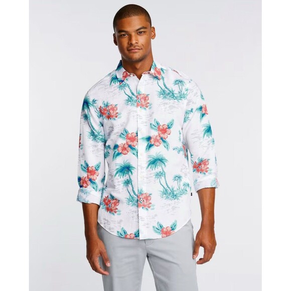 Nautica Blue Sail linen blend Long Sleeve shirt in tropical print Size XXL - Picture 1 of 8